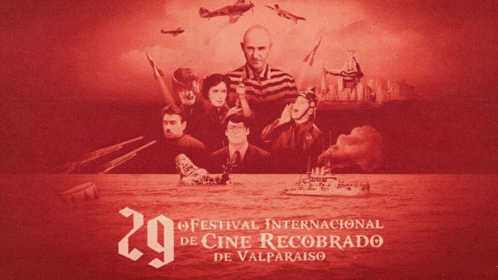 Imagen en tonalidades rojas con escenas de películas seleccionadas del Festival de Cine Recobrado en Valparaíso.